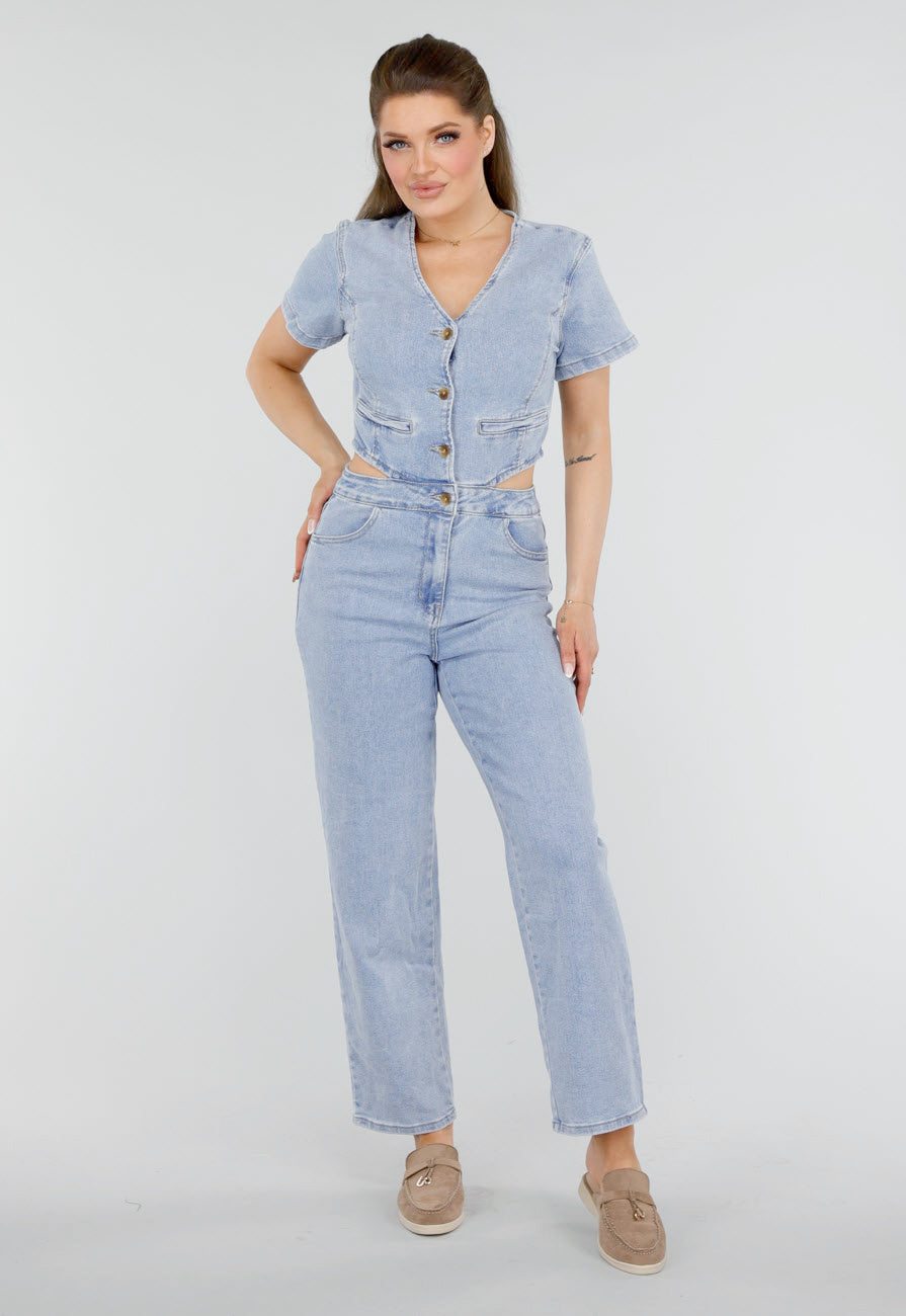 Redial Jeans  Petite Denim Jumpsuit met Cut-outs, Korte Mouwen  en Knopen