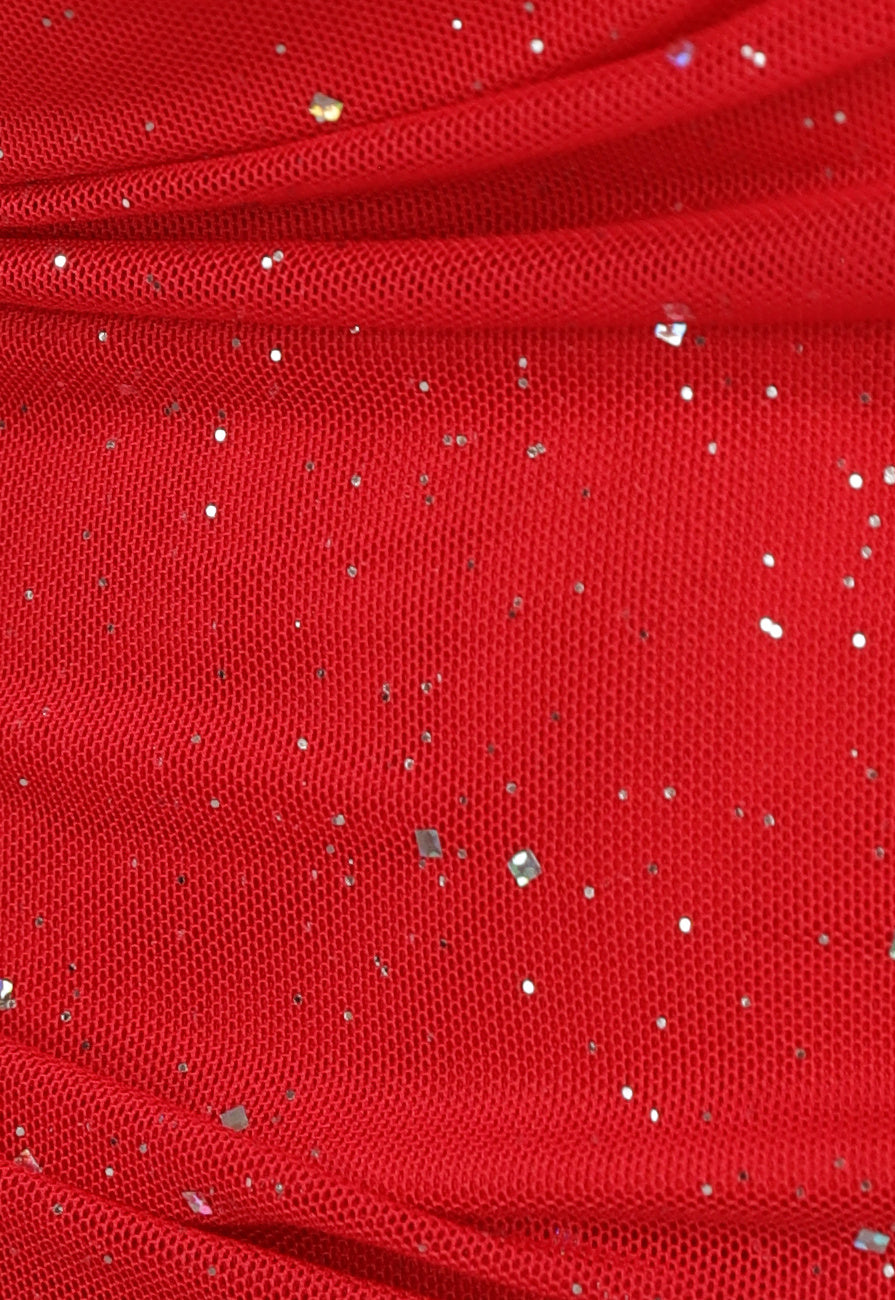 Mesh Glitter Jurk in Rood met Pofmouwen