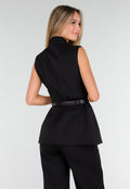 Zwarte Dames Matchende Set met Mouwloze Top, Statement Riem en Wide Leg Broek