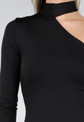 Zwarte One Shoulder Midi Jurk met Lange Mouw