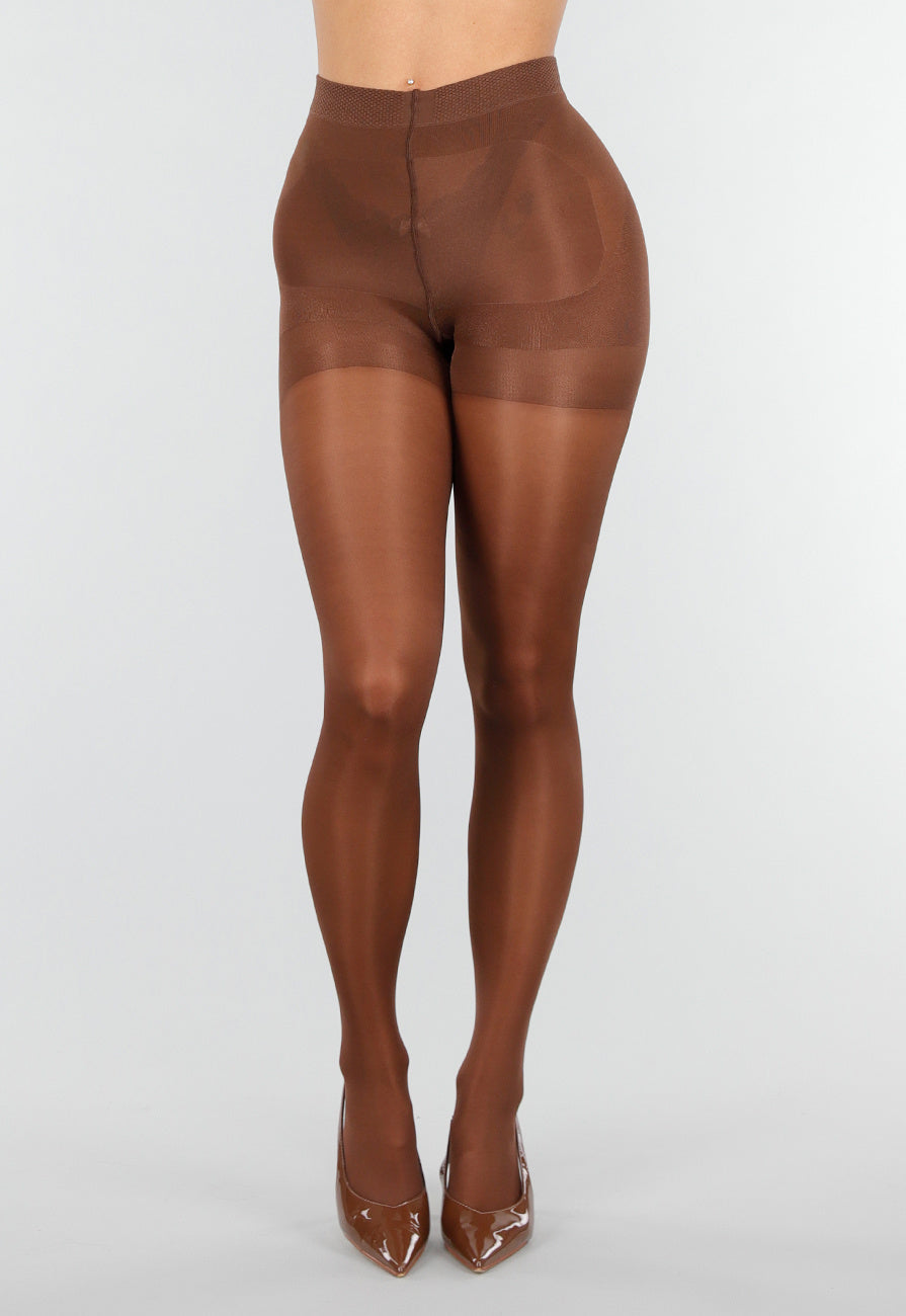 Bruine Glanzende Panty met Hoge Taille en Corrigerend Effect
