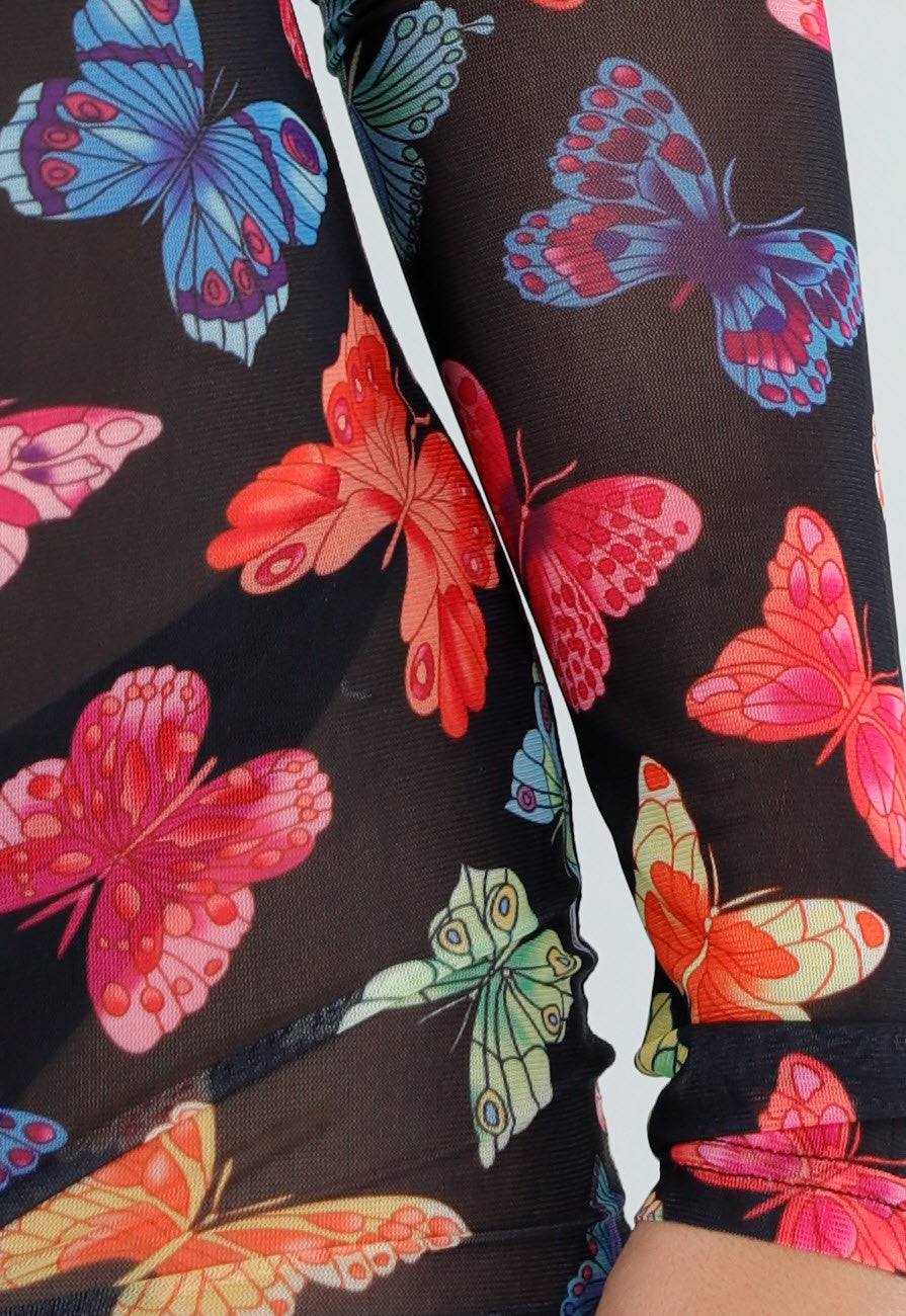 Zwarte Mesh Playsuit met Vlinderprint en Open Rug
