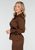 Bruine Satijnlook Set met Blouse en Wide Leg Broek