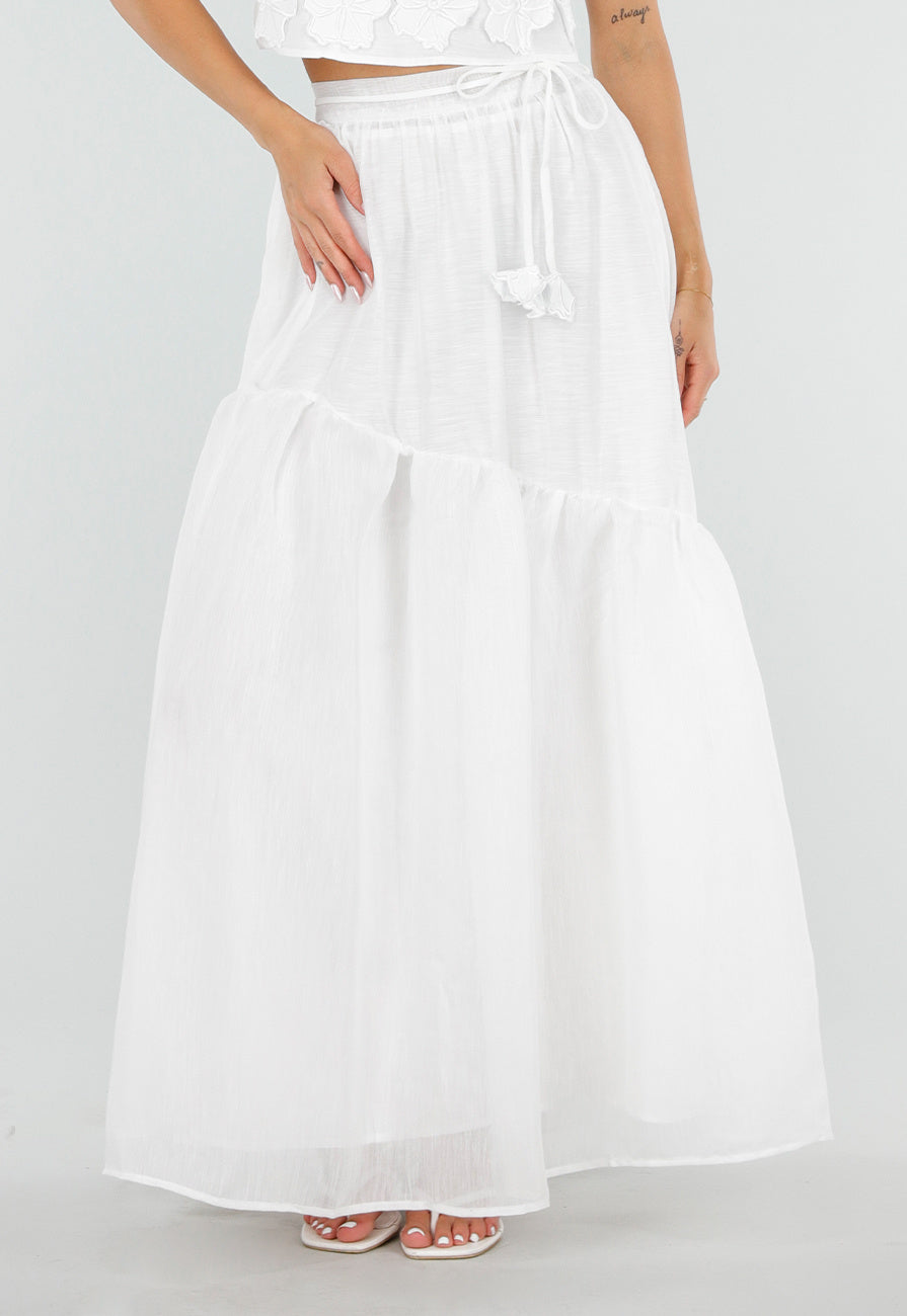 Witte Maxi Rok met Strikceintuur en Volant