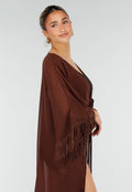 Bruine Kimono met Halflange Mouwen en Franjes