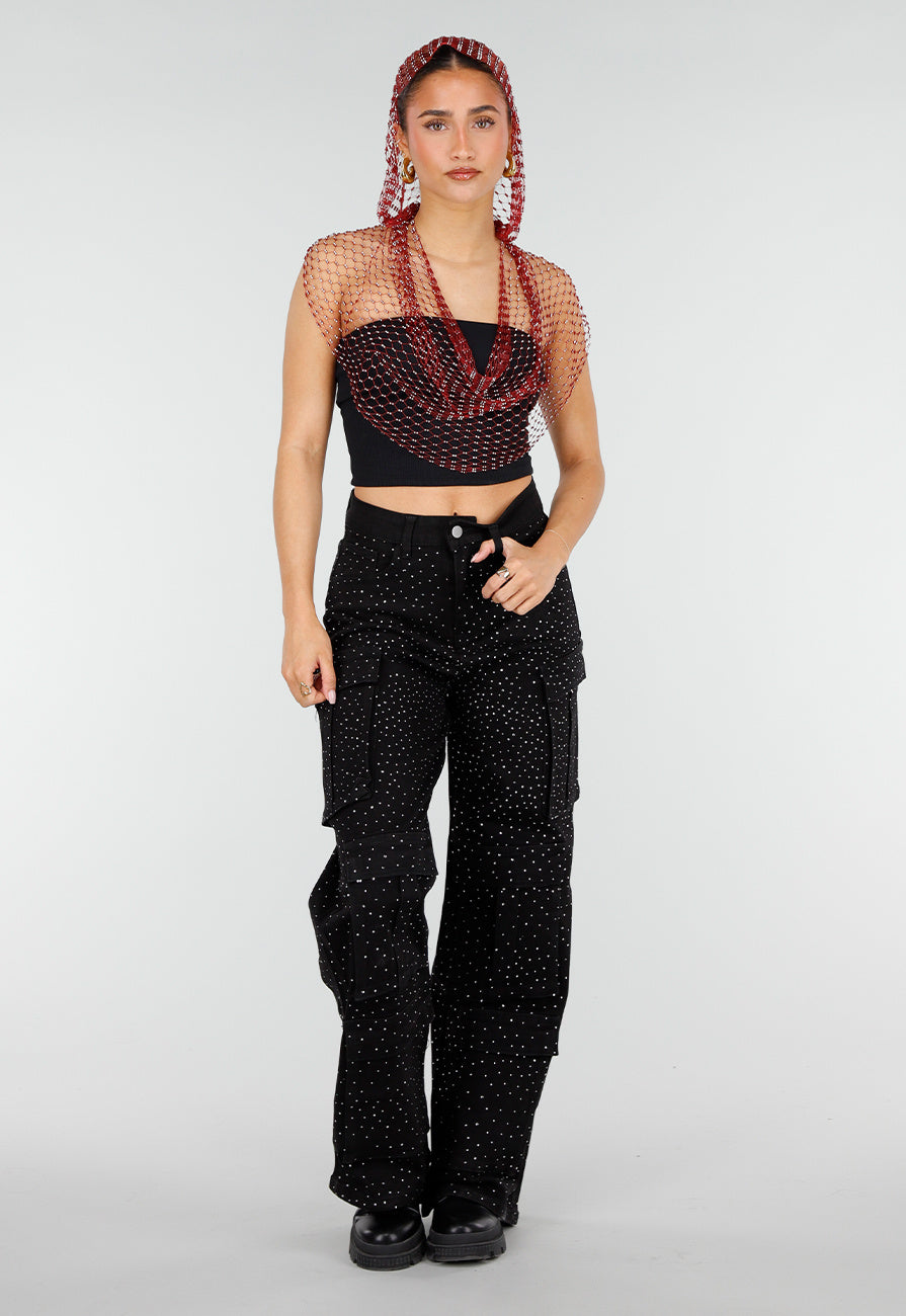 Rode Fishnet Top met Capuchon en Strass Steentjes