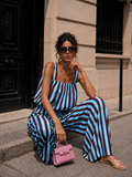 Blauwe Burgundy Gestreepte Two Piece Set met Mouwloze Top en Wide Leg Broek