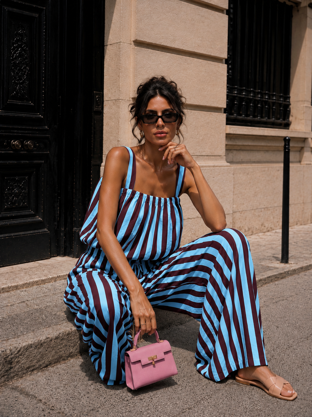 Blauwe Burgundy Gestreepte Two Piece Set met Mouwloze Top en Wide Leg Broek