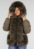 Khaki Korte Puffer Winterjas met Afneembare Bontkraag
