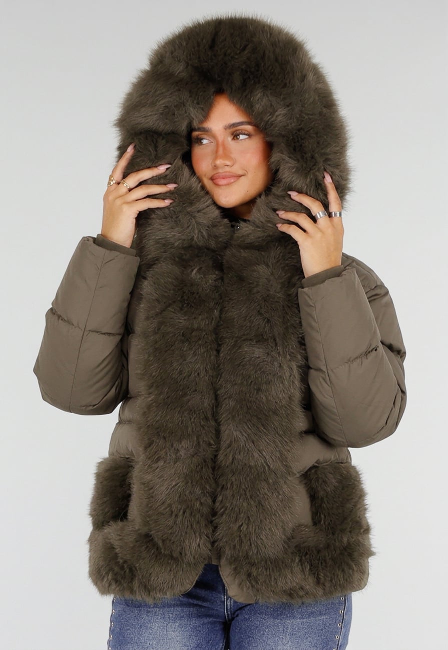 Khaki Korte Puffer Winterjas met Afneembare Bontkraag