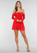Rode Off Shoulder Jurk met Strikdetail