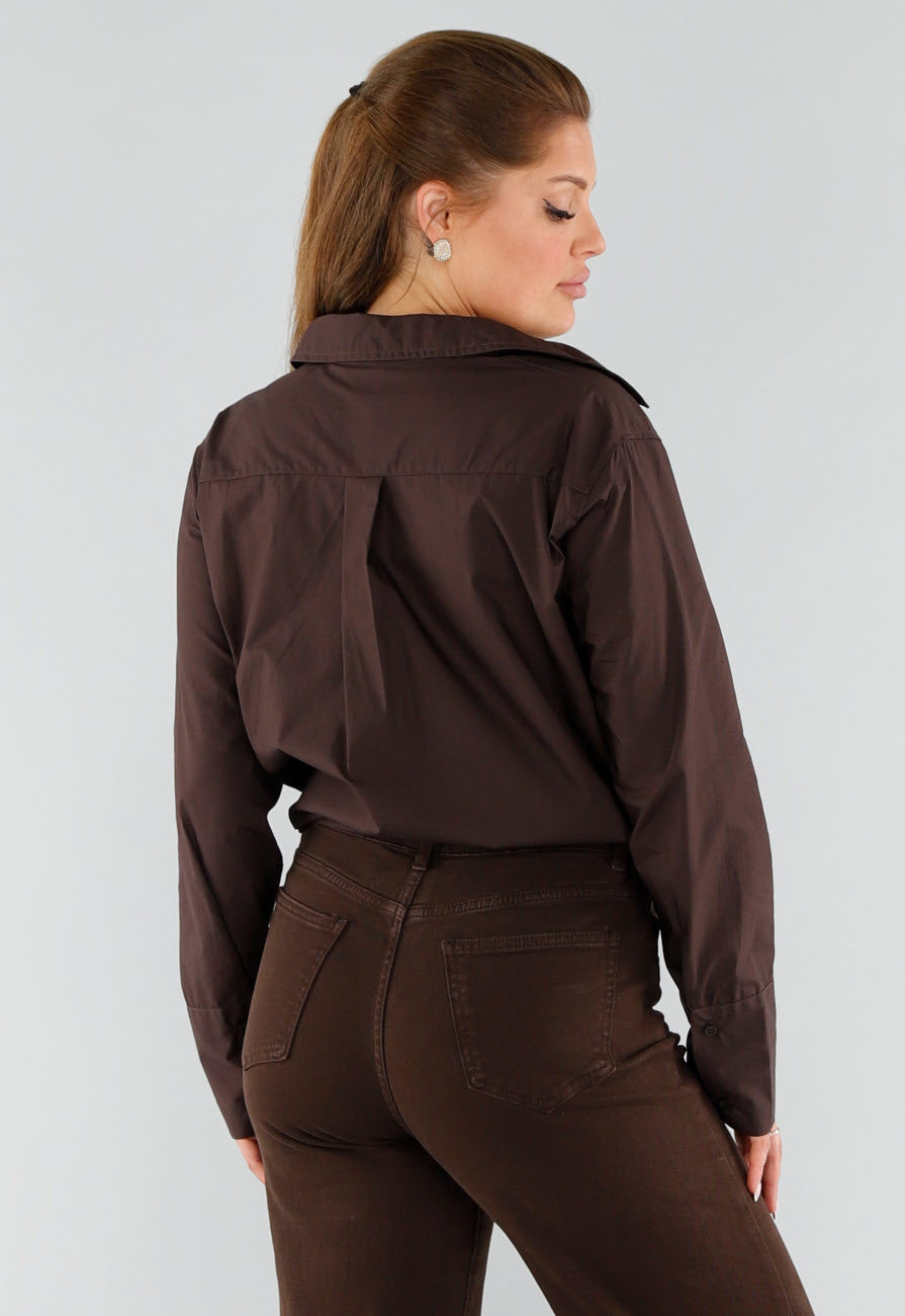 Donkerbruine Blouse met Lange Mouwen en Knoopsluiting