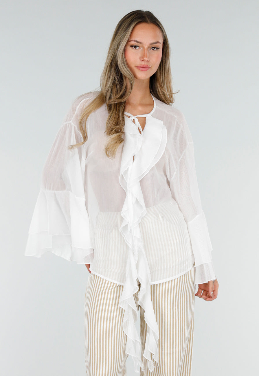 Witte Chiffon Blouse met Ruches en Knoopsluiting