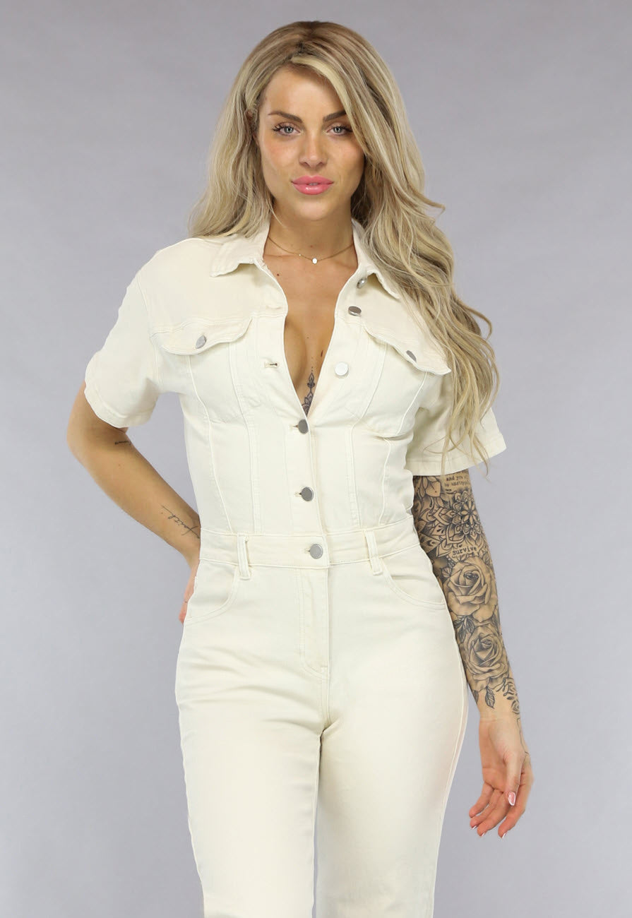 Redial Jeans  Crème Kleurige Straight Leg Denim Jumpsuit met Korte Mouwen