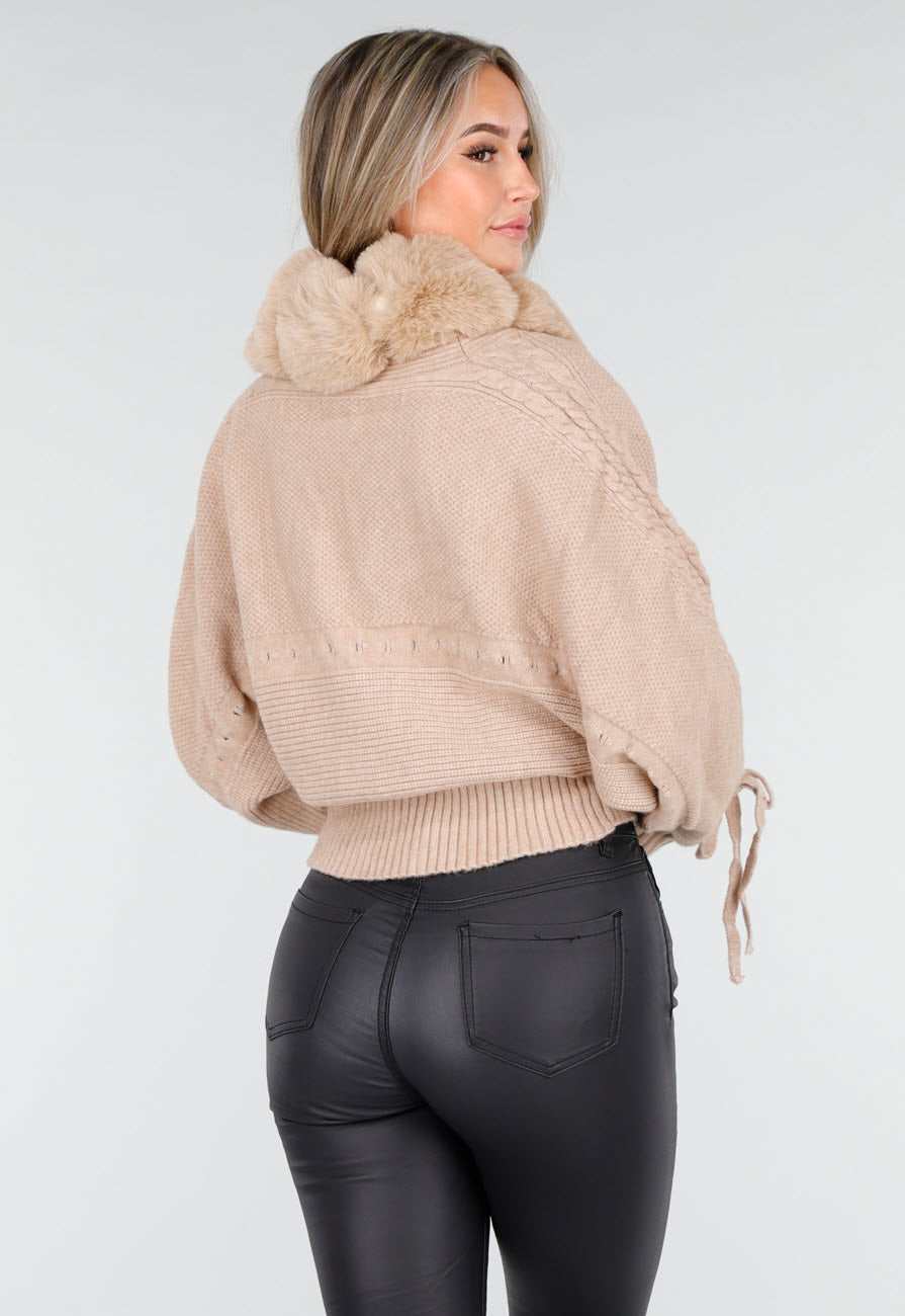 Camel Gebreide Cardigan met Faux Fur Kraag