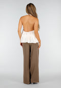 Champagne Plissé Halter Top met Hoge Hals en Open Rug