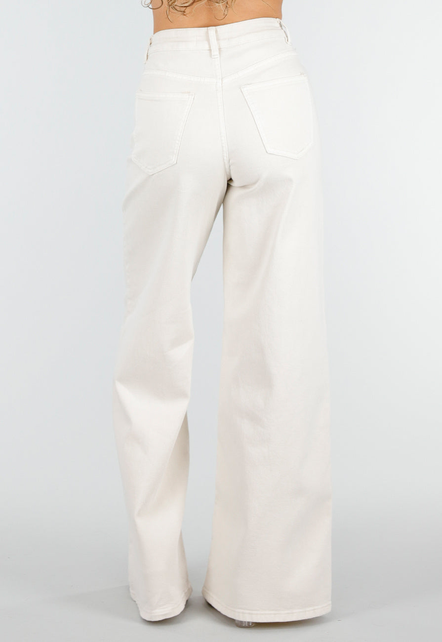 Beige Extra Wide Leg Jeans met Hoge Taille en Stretch