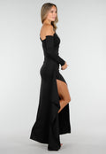 Zwarte One Shoulder Jurk met Split en Lange Mouw