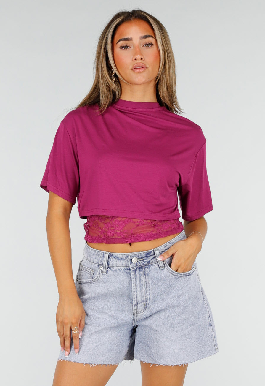 Paarse Crop Top met Kanten Taille en Korte Mouwen