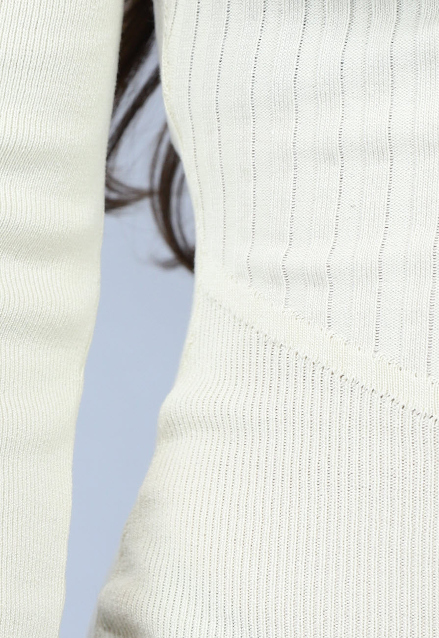 Crème Rib Bodycon Midi Jurk met Lange Mouwen