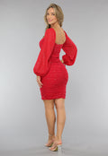 Mesh Glitter Jurk in Rood met Pofmouwen