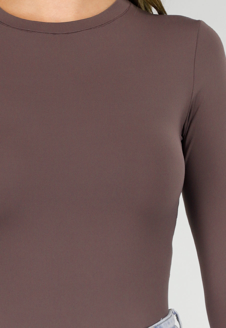 Bruine String Bodysuit met Lange Mouwen en Stretch