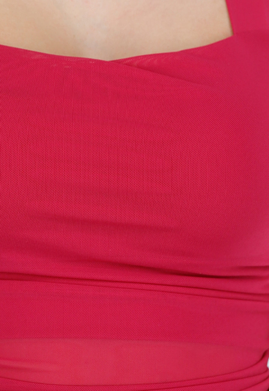 Rode Padded Halter Top met Mesh Detail Ruches en Stretch