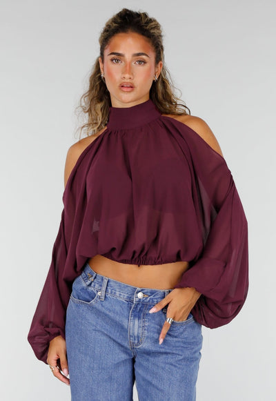 Plum  Cold Shoulder Crop Top met Col en Lange Ballonmouwen