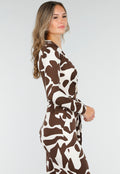Bruin-Witte Stretch Jumpsuit met Overslag en Ceintuur