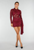 Bordeaux Kant Jurk met Lange Mouwen en Gedrapeerd Detail