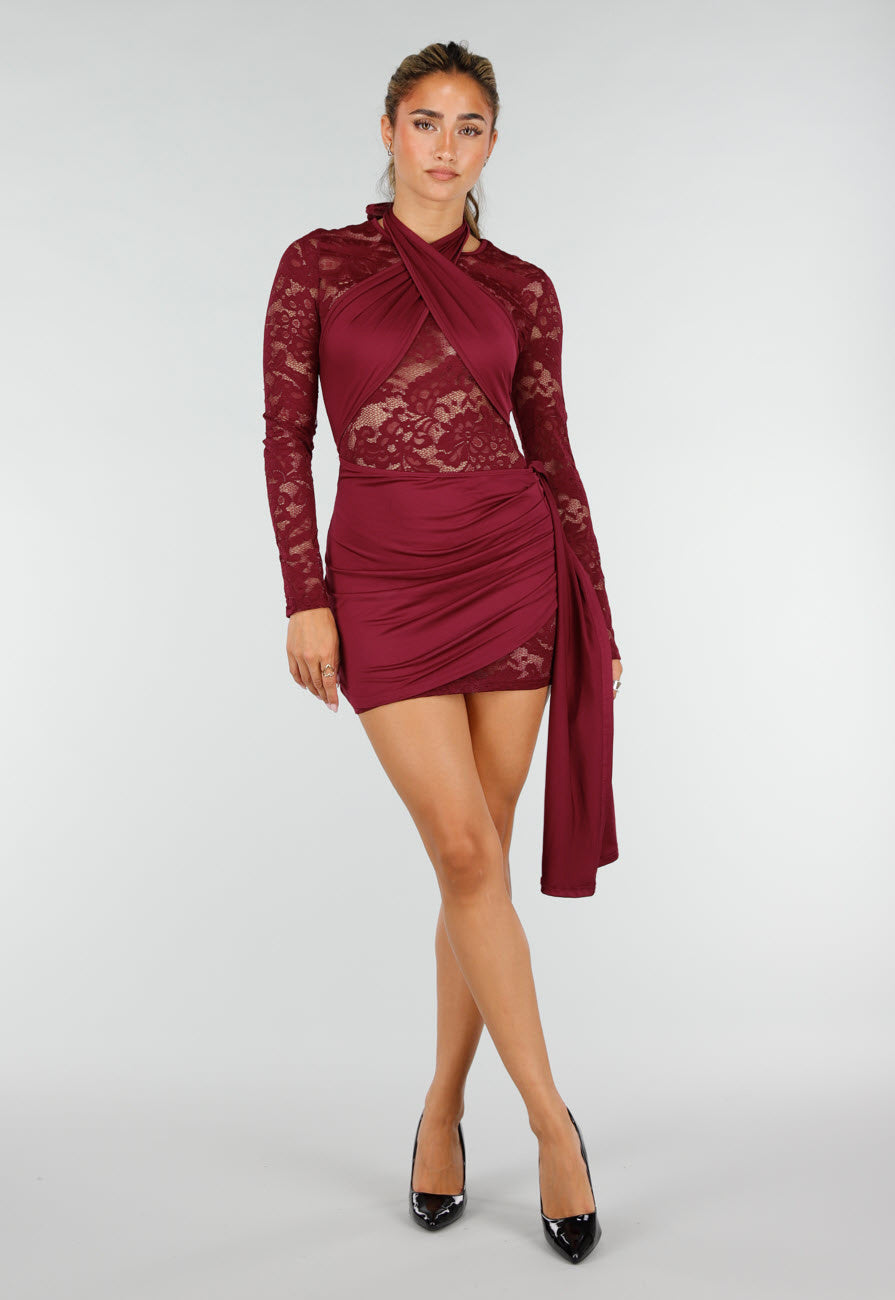 Bordeaux Kant Jurk met Lange Mouwen en Gedrapeerd Detail