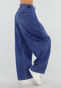 Blauwe Barrel Jeans met Drukknoopdetails en Verstelbare Plooien