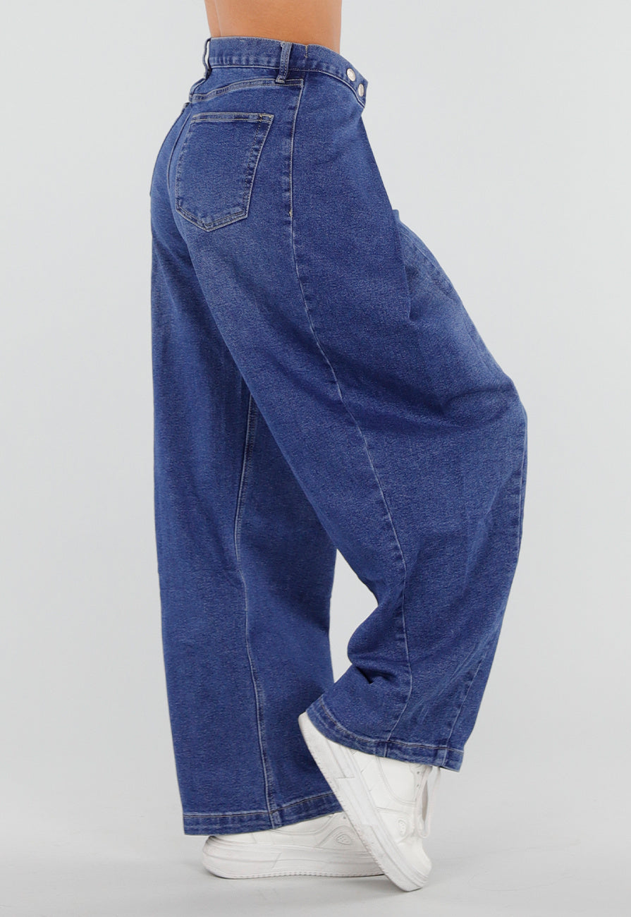 Blauwe Barrel Jeans met Drukknoopdetails en Verstelbare Plooien