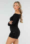 Zwarte One-Shoulder Top met Lange Mouwen