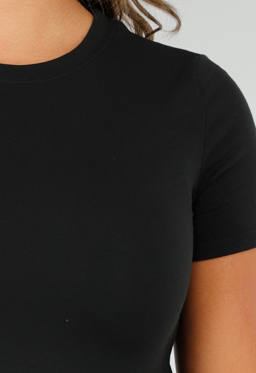 Zwart Stretch T-Shirt met Slim Fit, Ronde Hals en Zijsplit