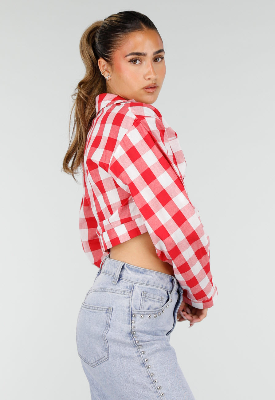 Rood Wit Geruite Cropped Blouse met Striksluiting