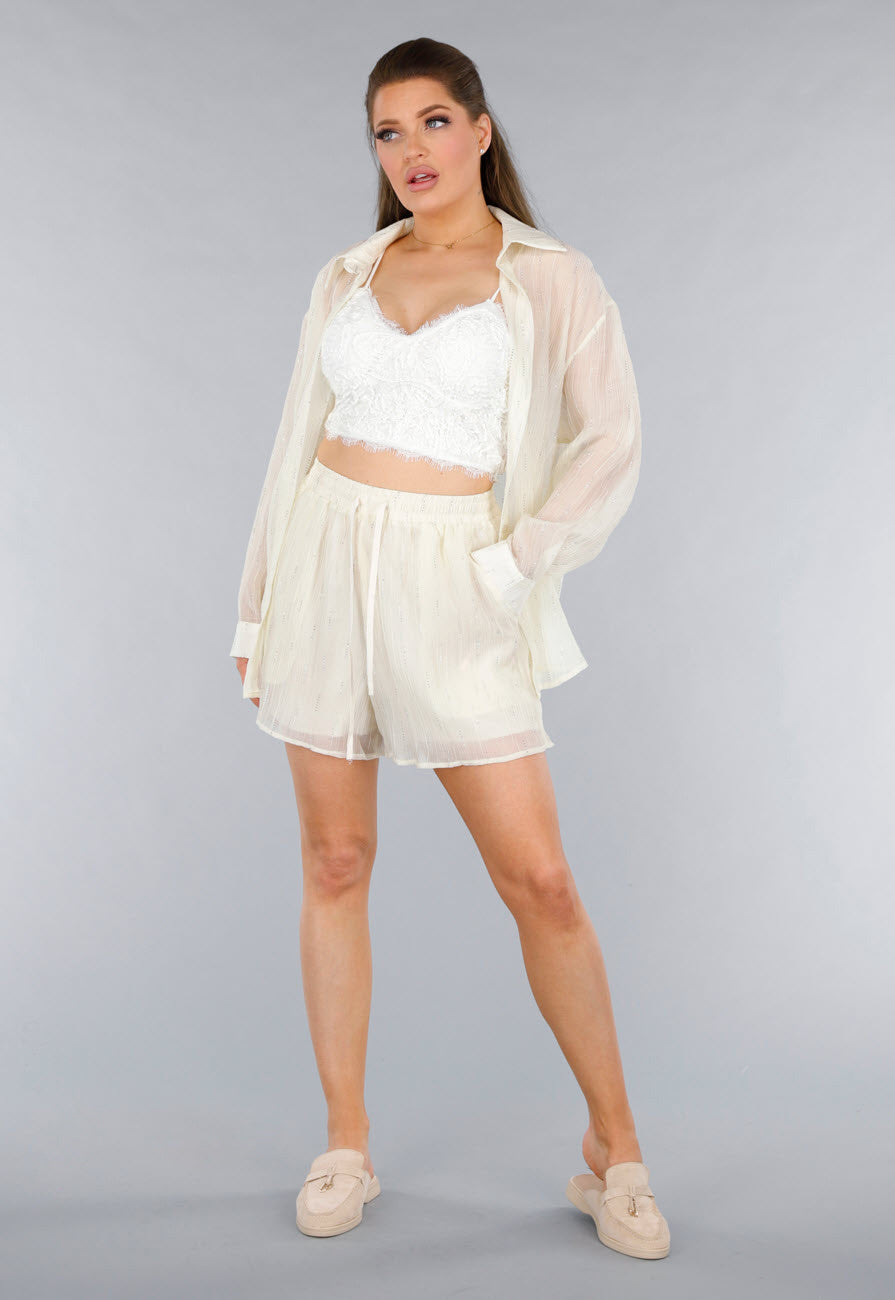 Crème 2-Delig Set met Doorschijnende Blouse en Elastische Short