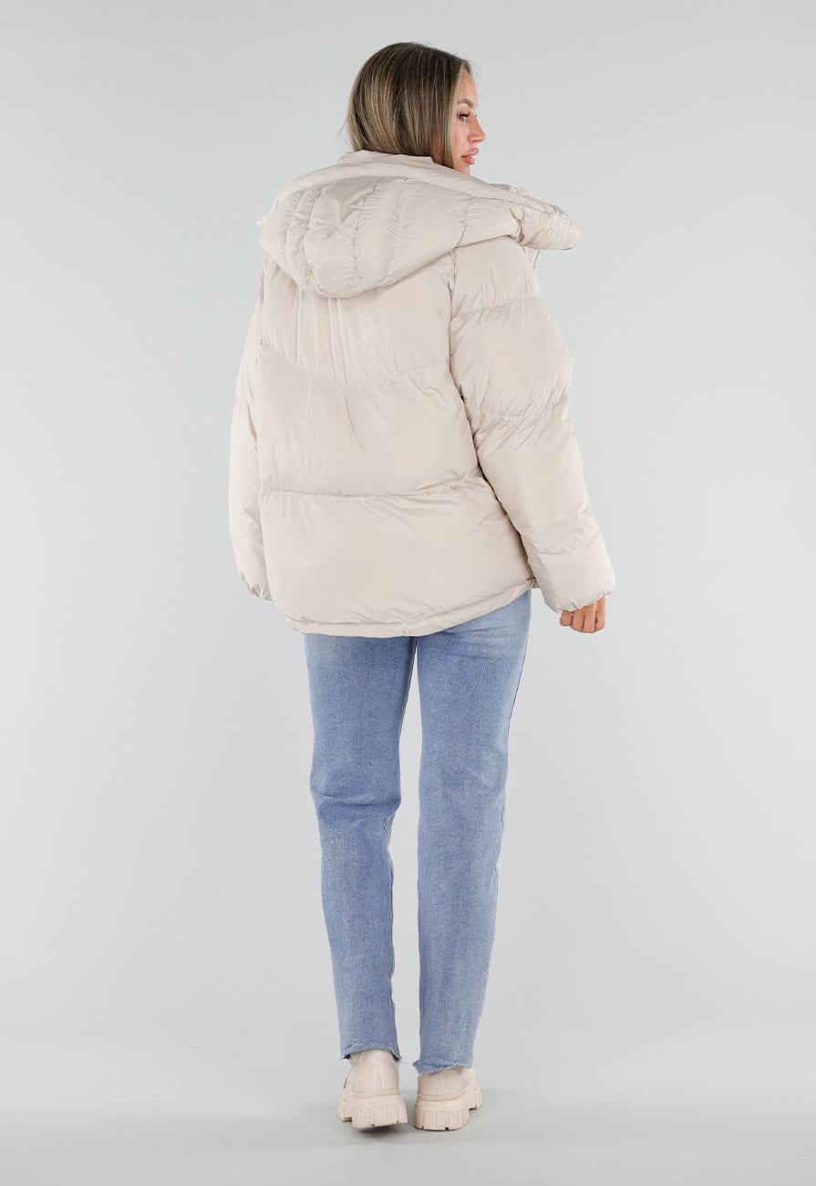 Beige Gewatteerde Puffer Winterjas met Capuchon en Rits