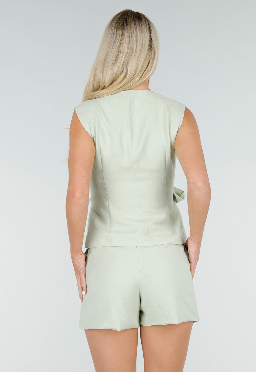 Mintgroene Linnenlook Short met Plooien en Rechte Pijpen