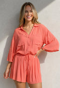 Koraal Matchende Set met Blouse, Shorts en Elastische Taille