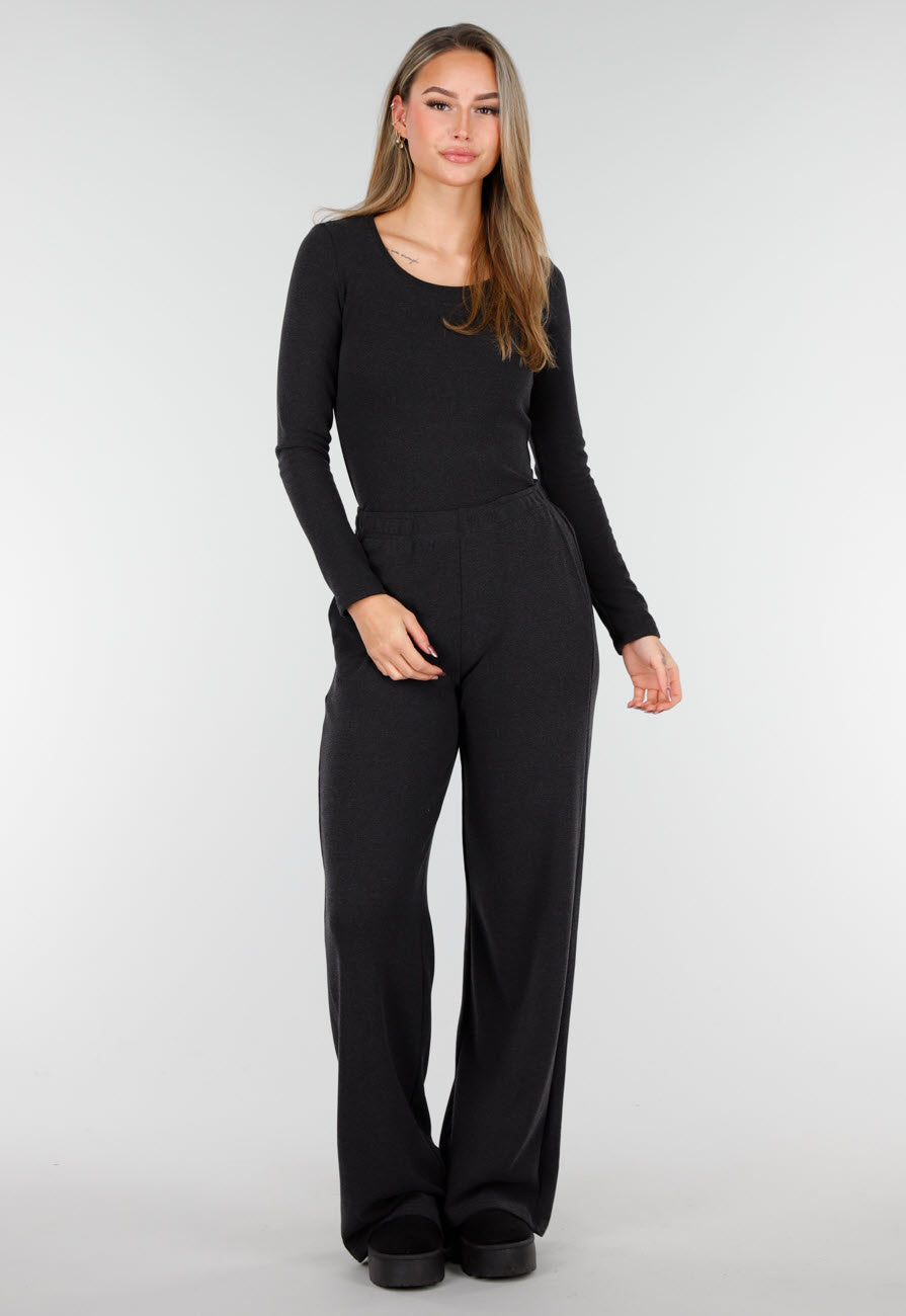 Grijze Zachte Stretch Top met Ronde Hals en Lange Mouwen