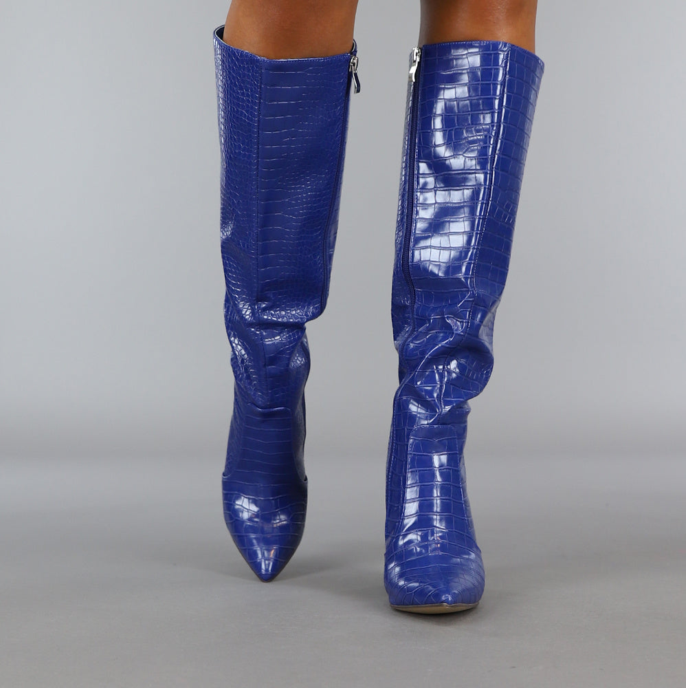 Donkerblauwe Croco Laars met Spitse Neus