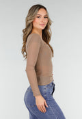 Bruine Asymmetrische Mesh Top met Lange Mouwen en Pads