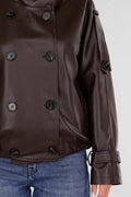 Bruine Lederlook Jas met Hoge Kraag en Dubbele Knoopsluiting