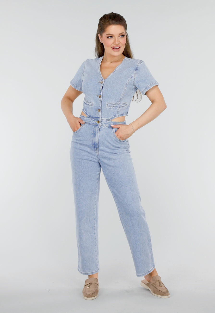 Redial Jeans  Petite Denim Jumpsuit met Cut-outs, Korte Mouwen  en Knopen