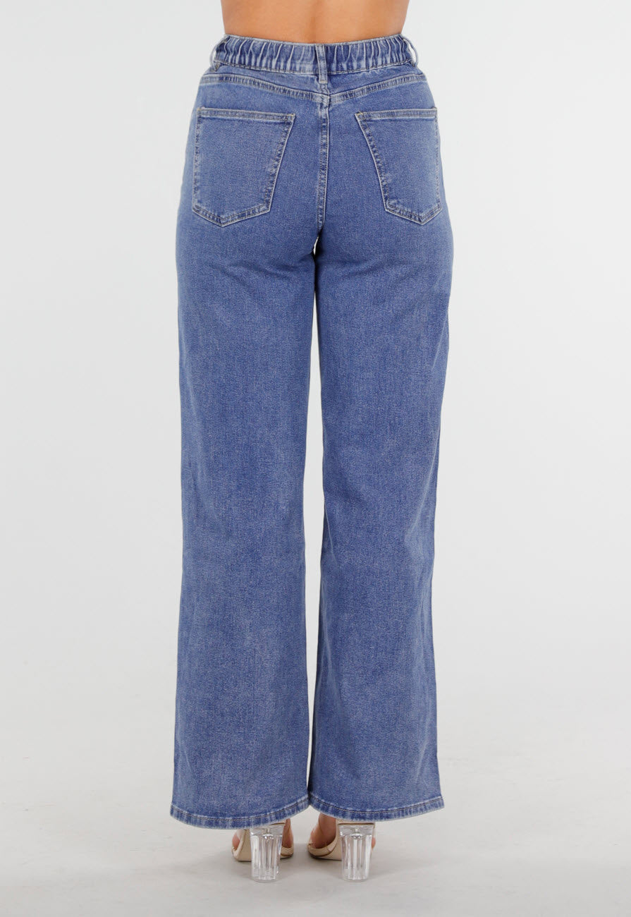 Blauwe Wide Leg Jeans met Elastische Taille en Strikkoord