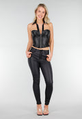 Zwarte Lederlook Corset Top met Rits en Kraag