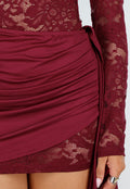 Bordeaux Kant Jurk met Lange Mouwen en Gedrapeerd Detail