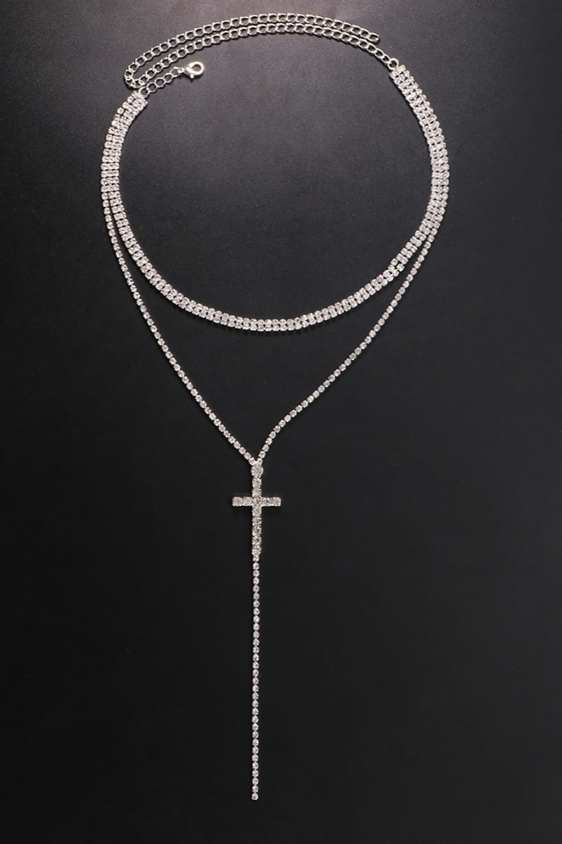 Lange Zilveren Strass ketting met Kruis Detail