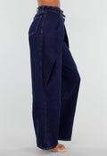 Donkerblauwe Wide Leg Jeans met Overslag Tailleband En Zakken